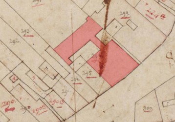 <p>Uitsnede van het kadastraal minuutplan van Doesburg van 1832. De percelen van Meipoortstraat 39 en 41 zijn reeds samengevoegd, de bebouwing is rood gearceerd (beeldbank RCE). </p>
